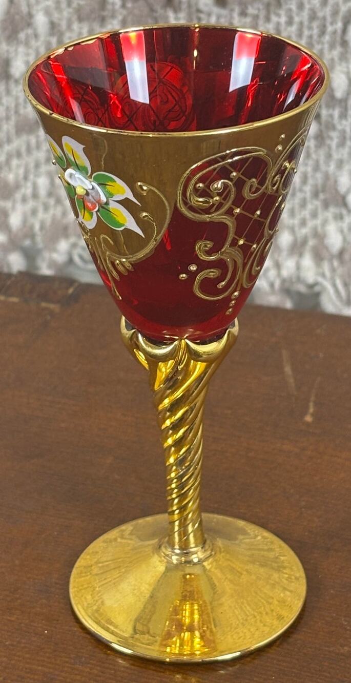 Vintage Murano Tre Fuochi Ruby Red Wine Goblet 24K Gold Enamel Floral Italy 6"